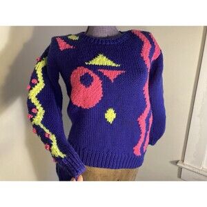 Vintage 80s Medium Abstract Neon Chunky Cable Knit Ribbed Knit Sweater Purple